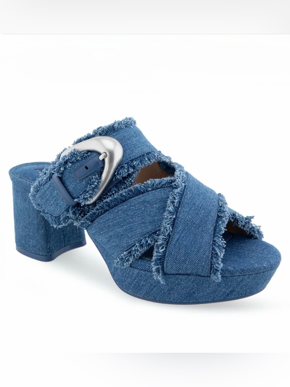 Aerosoles Collin Denim Platform Sandals Frayed Mules Blue Jeans Chunky Heel 7